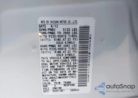 2012 Nissan Murano Sl из США, поврежденный, VIN JN8AZ1MU0CW117922